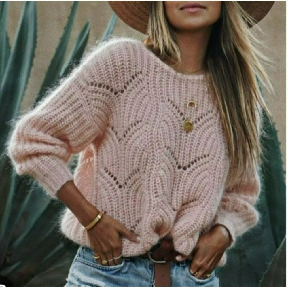 Sezane Simone Light Pink Petal Jumper Mohair Alpaca Sweater Low Back Fuzzy Knit